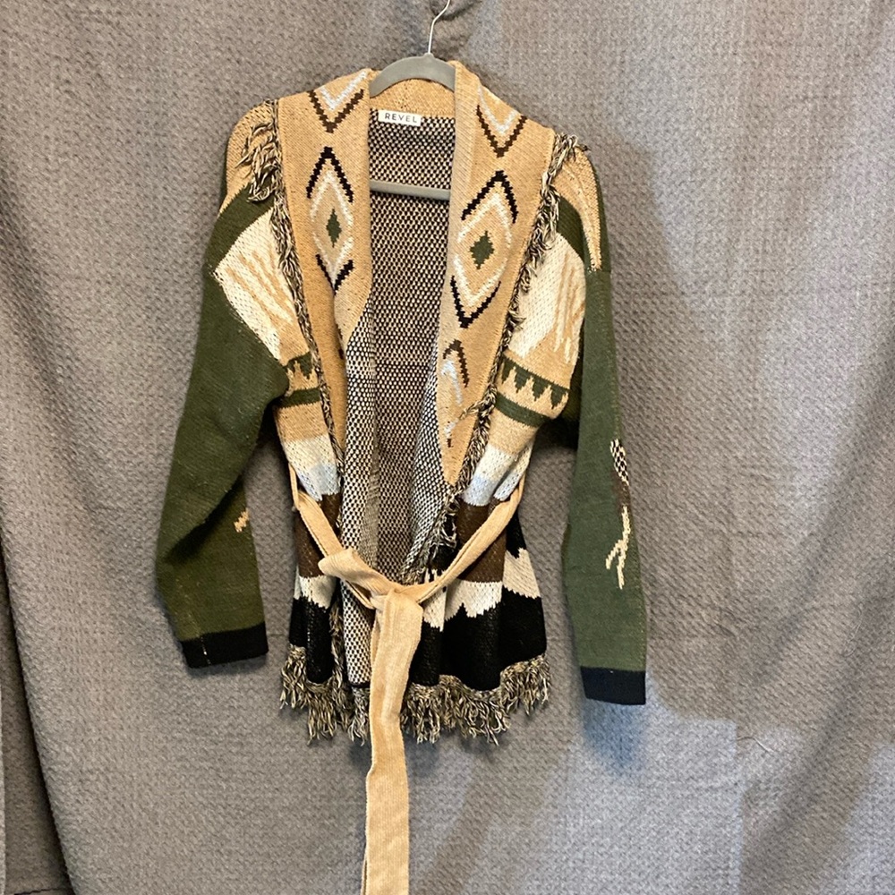 Western Buffalo Cardigan with Fringe and Belt by Revel size Large